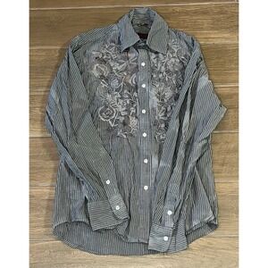 Roar Shirt Men's M Gray Striped Stretch Floral Embroidered Button Up Long Sleeve
